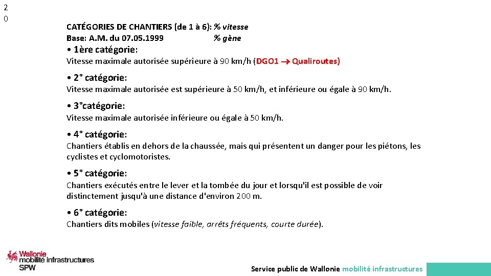 2 0 CATÉGORIES DE CHANTIERS (de 1 à 6): % vitesse Base: A. M.