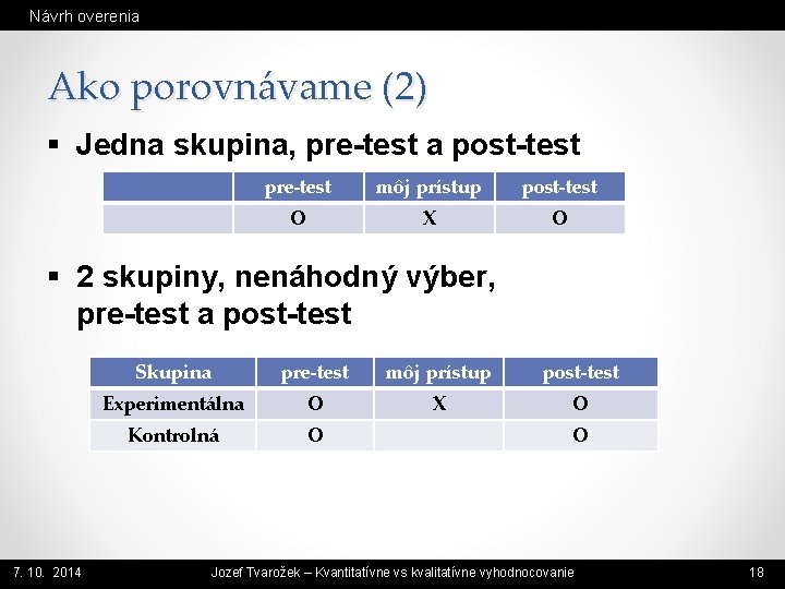 Návrh overenia Ako porovnávame (2) § Jedna skupina, pre-test a post-test pre-test môj prístup