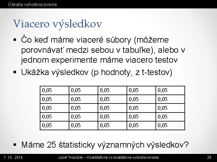 Úskalia vyhodnocovania Viacero výsledkov § Čo keď máme viaceré súbory (môžeme porovnávať medzi sebou Úskalia vyhodnocovania Viacero výsledkov § Čo keď máme viaceré súbory (môžeme porovnávať medzi sebou