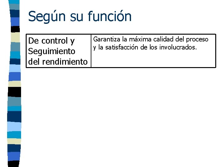 Según su función De control y Seguimiento del rendimiento Garantiza la máxima calidad del