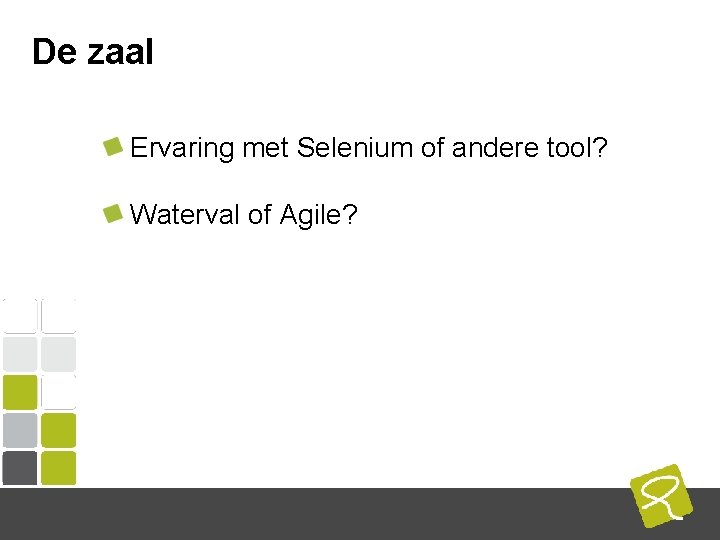 De zaal Ervaring met Selenium of andere tool? Waterval of Agile? COMPUTEST BORREL – De zaal Ervaring met Selenium of andere tool? Waterval of Agile? COMPUTEST BORREL –