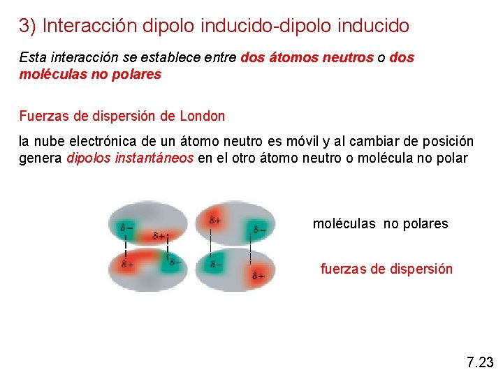 3) Interacción dipolo inducido-dipolo inducido Esta interacción se establece entre dos átomos neutros o
