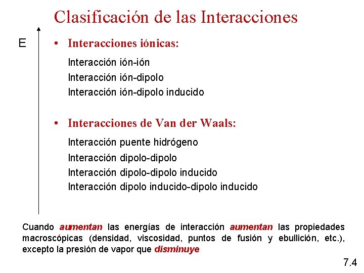 Clasificación de las Interacciones E • Interacciones iónicas: Interacción ión-ión Interacción ión-dipolo inducido •