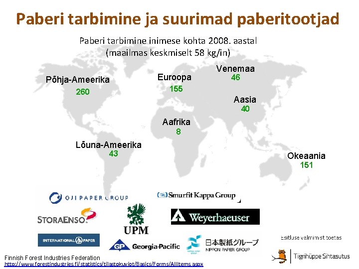 Paberi tarbimine ja suurimad paberitootjad Paberi tarbimine inimese kohta 2008. aastal (maailmas keskmiselt 58
