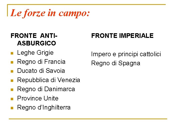 Le forze in campo: FRONTE ANTIASBURGICO n Leghe Grigie n Regno di Francia n