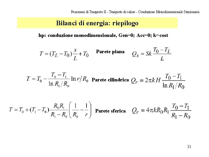 Fenomeni di Trasporto II - Trasporto di calore - Conduzione Monodimensionale Stazionaria Bilanci di