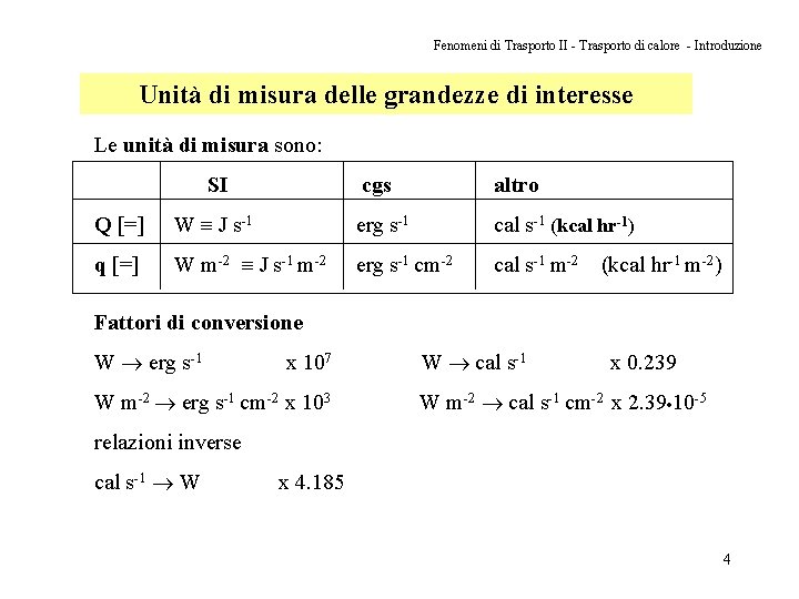 Fenomeni di Trasporto II - Trasporto di calore - Introduzione Unità di misura delle