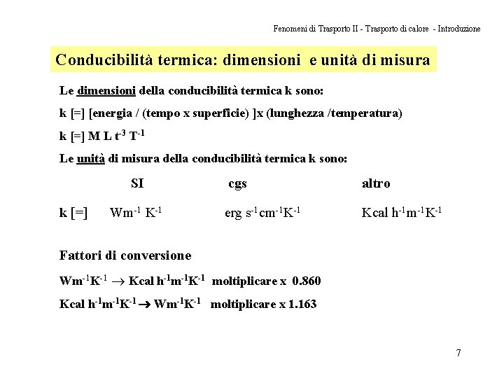 Fenomeni di Trasporto II - Trasporto di calore - Introduzione Conducibilità termica: dimensioni e