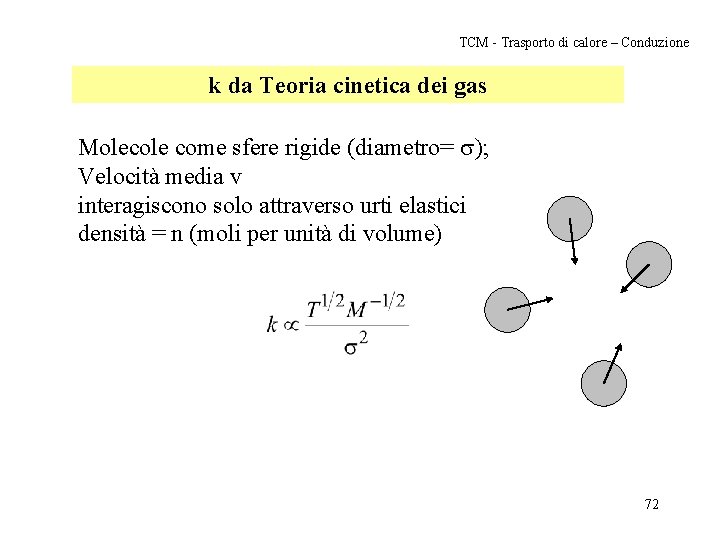 TCM - Trasporto di calore – Conduzione k da Teoria cinetica dei gas Molecole