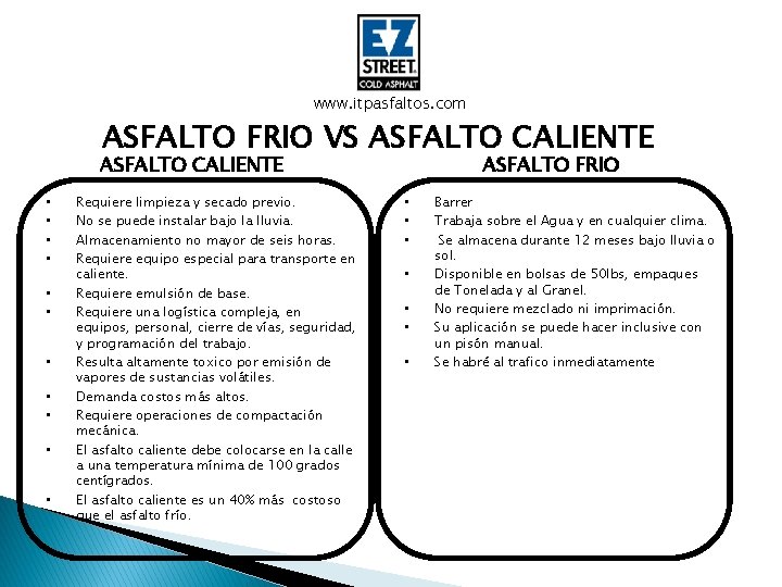 www. itpasfaltos. com ASFALTO FRIO VS ASFALTO CALIENTE • • • Requiere limpieza y