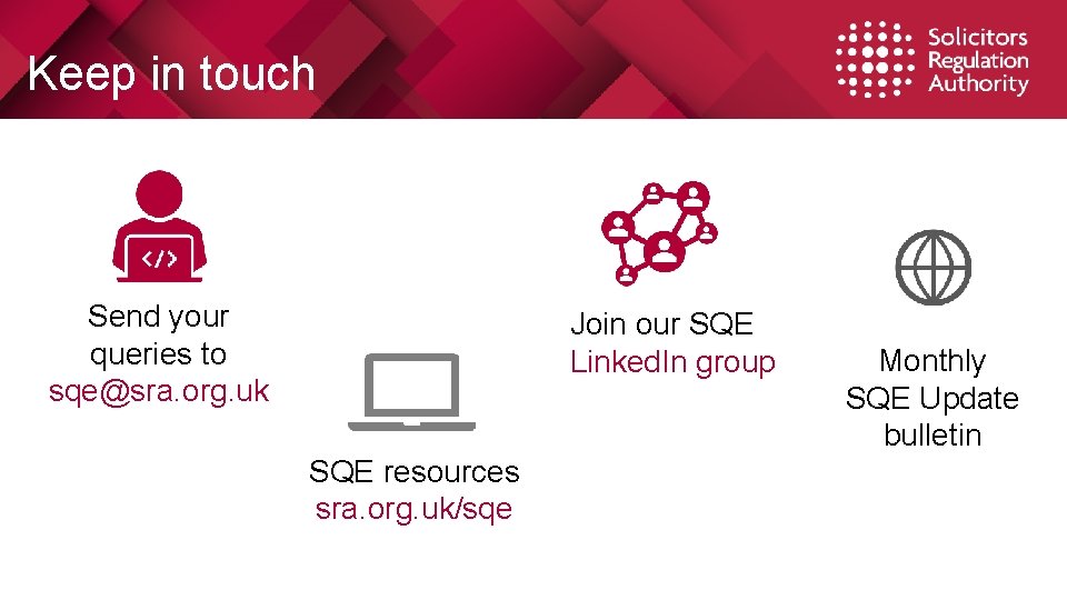 Keep in touch Send your queries to sqe@sra. org. uk Join our SQE Linked.