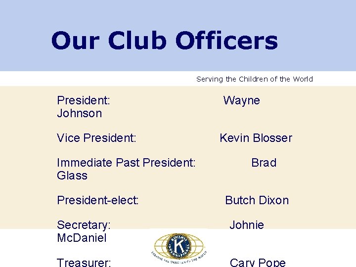 Our Club Officers Serving the Children of the World President: Johnson Vice President: Immediate