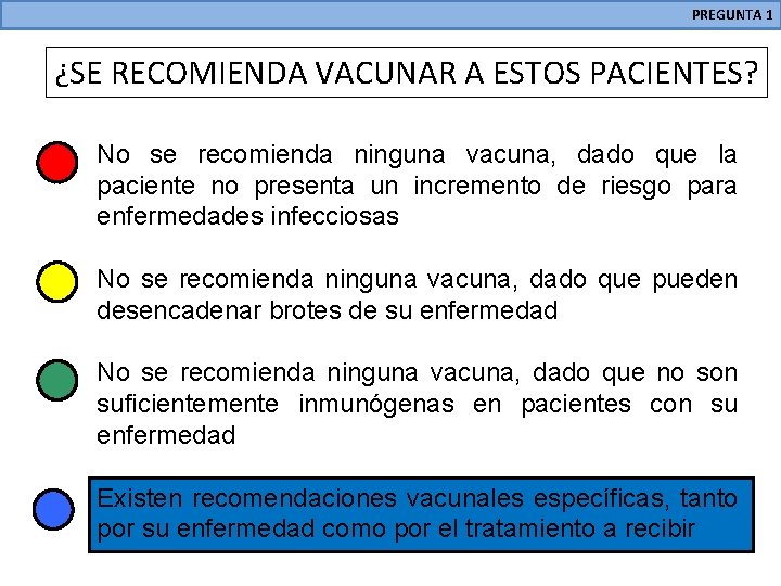 PREGUNTA 1 ¿SE RECOMIENDA VACUNAR A ESTOS PACIENTES? No se recomienda ninguna vacuna, dado