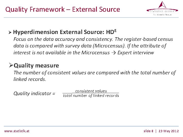 Quality Framework – External Source Ø Hyperdimension External Source: HDE Focus on the data