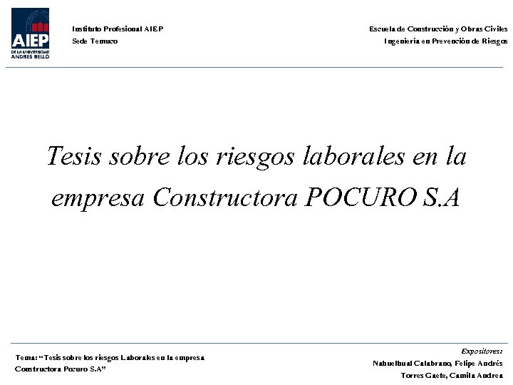Instituto Profesional AIEP Sede Temuco Escuela de Construcción y Obras Civiles Ingeniería en Prevención