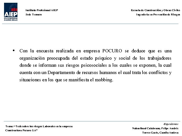 Instituto Profesional AIEP Sede Temuco Escuela de Construcción y Obras Civiles Ingeniería en Prevención