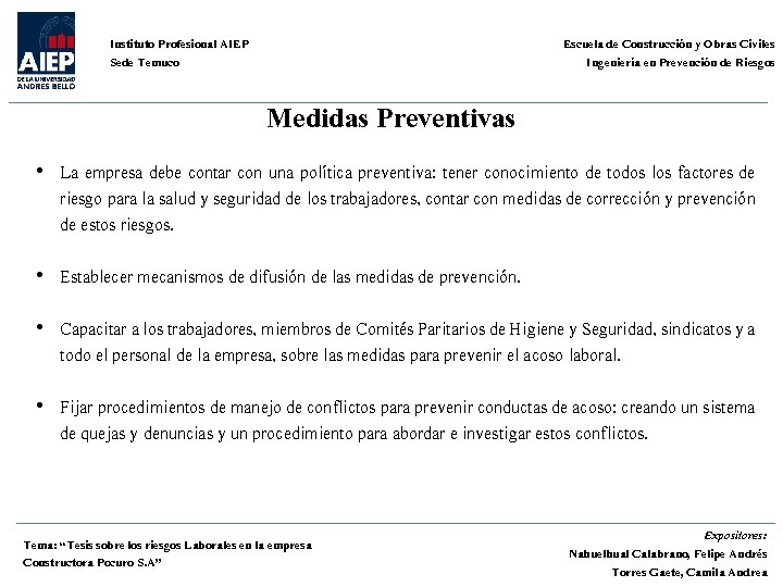 Escuela de Construcción y Obras Civiles Ingeniería en Prevención de Riesgos Instituto Profesional AIEP
