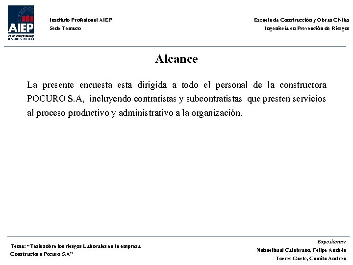 Escuela de Construcción y Obras Civiles Ingeniería en Prevención de Riesgos Instituto Profesional AIEP