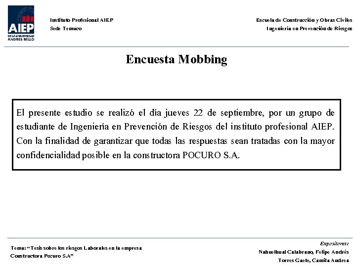 Escuela de Construcción y Obras Civiles Ingeniería en Prevención de Riesgos Instituto Profesional AIEP