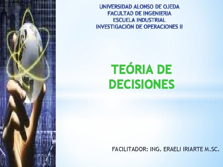 TEÓRIA DE DECISIONES FACILITADOR: ING. ERAELI IRIARTE M. SC. 