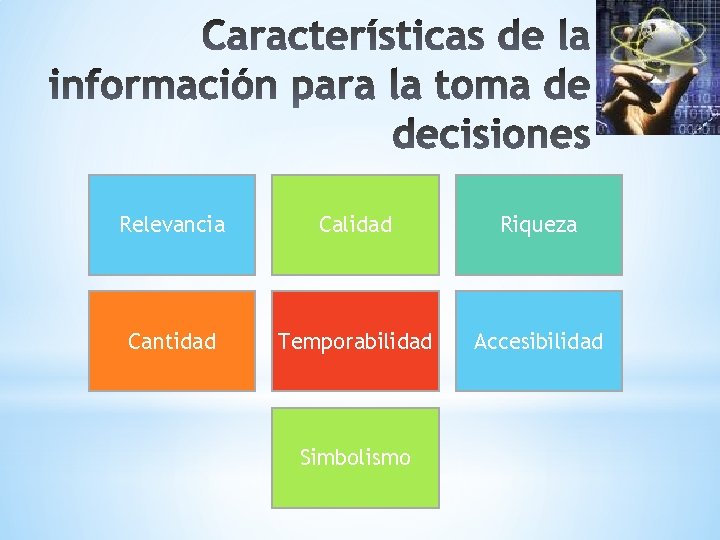 Relevancia Calidad Riqueza Cantidad Temporabilidad Accesibilidad Simbolismo 