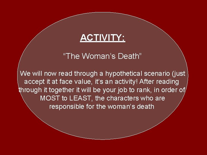 ACTIVITY: “The Woman’s Death” We will now read through a hypothetical scenario (just accept
