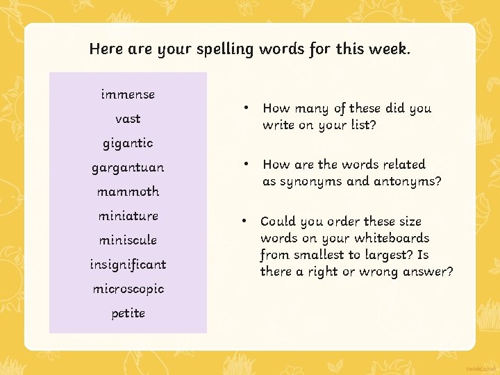 Here are your spelling words for this week. immense vast • How many of