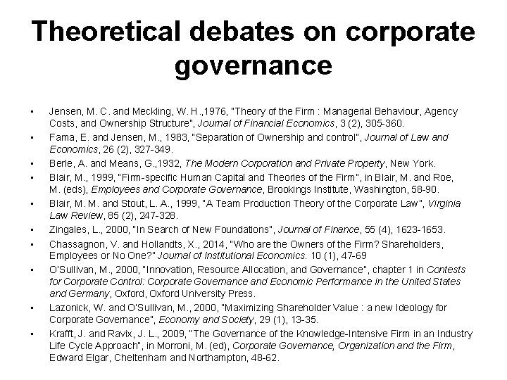 Theoretical debates on corporate governance • • • Jensen, M. C. and Meckling, W.