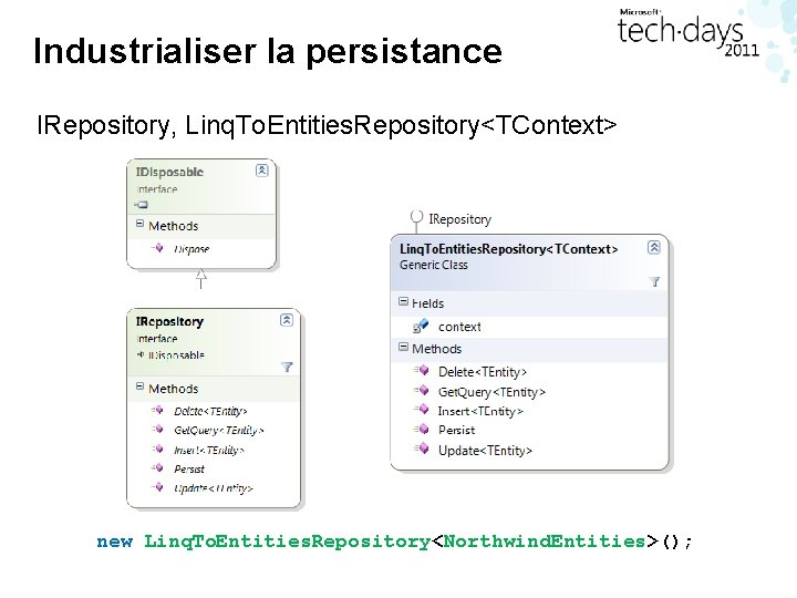Industrialiser la persistance IRepository, Linq. To. Entities. Repository<TContext> new Linq. To. Entities. Repository<Northwind. Entities>();