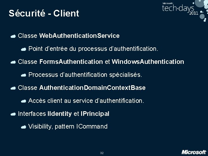 Sécurité - Client Classe Web. Authentication. Service Point d’entrée du processus d’authentification. Classe Forms.