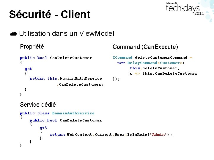 Sécurité - Client Utilisation dans un View. Model Propriété Command (Can. Execute) public bool