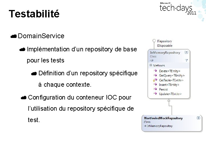 Testabilité Domain. Service Implémentation d’un repository de base pour les tests Définition d’un repository