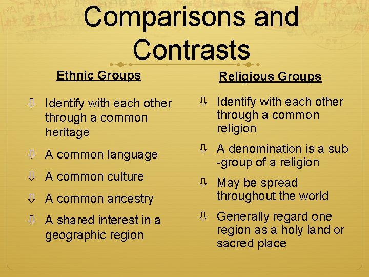 Comparisons and Contrasts Ethnic Groups Religious Groups Identify with each other through a common