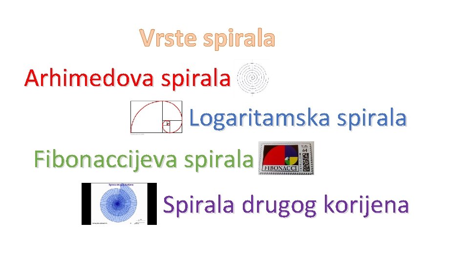 Vrste spirala Arhimedova spirala Logaritamska spirala Fibonaccijeva spirala Spirala drugog korijena 