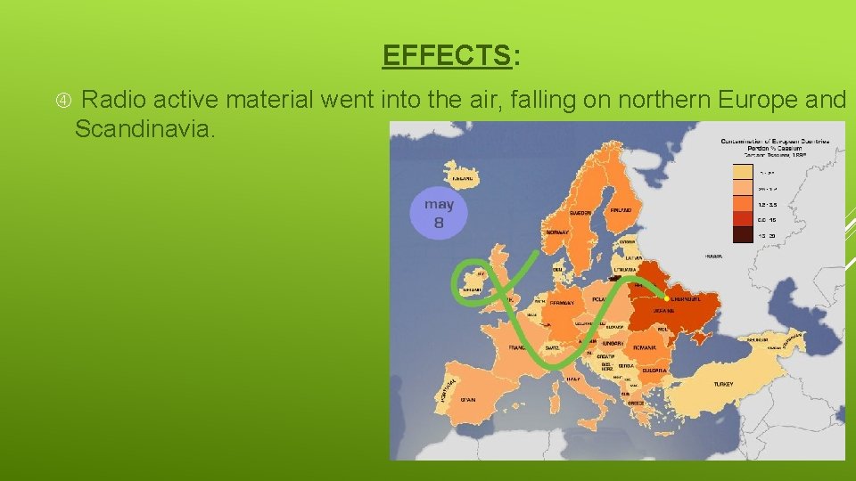 EFFECTS: Radio active material went into the air, falling on northern Europe and Scandinavia.