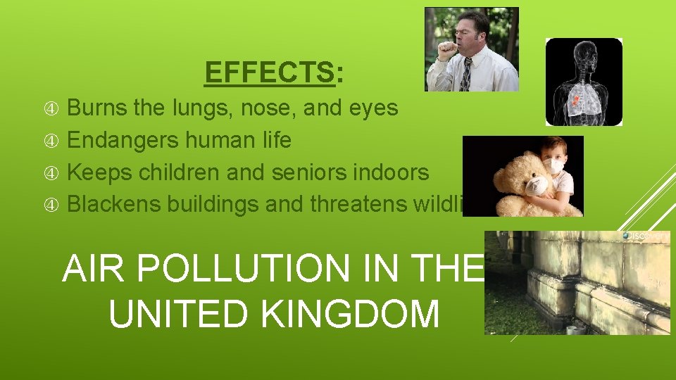 EFFECTS: Burns the lungs, nose, and eyes Endangers human life Keeps children and seniors