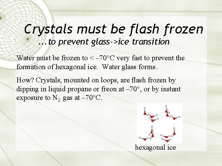 Crystals must be flash frozen. . . to prevent glass->ice transition Water must be