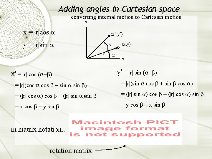 Adding angles in Cartesian space converting internal motion to Cartesian motion y x =