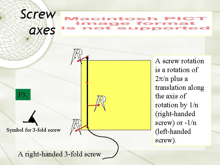 Screw axes P 31 Symbol for 3 -fold screw A right-handed 3 -fold screw