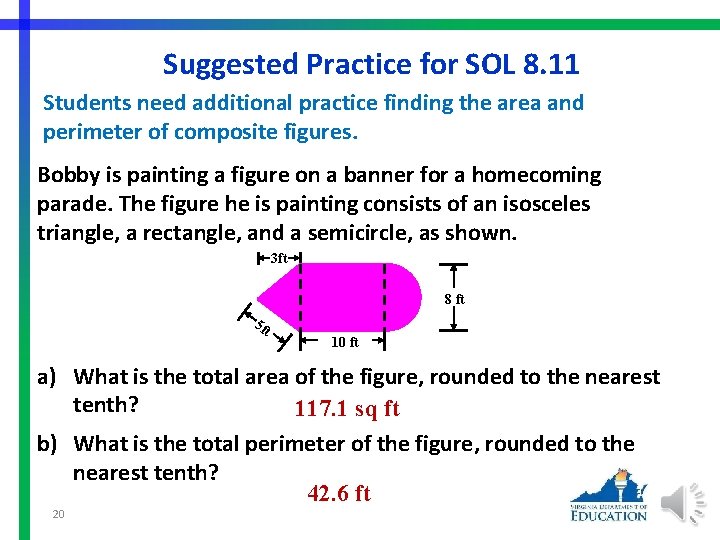 Suggested Practice for SOL 8. 11 Students need additional practice finding the area and