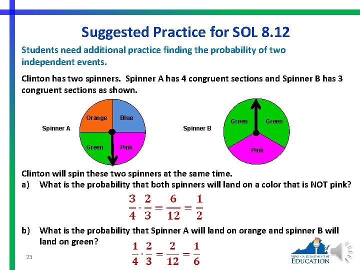 Suggested Practice for SOL 8. 12 Students need additional practice finding the probability of