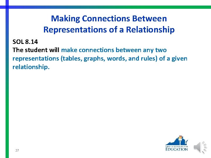 Making Connections Between Representations of a Relationship SOL 8. 14 The student will make
