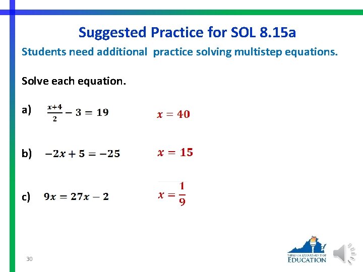 Suggested Practice for SOL 8. 15 a Students need additional practice solving multistep equations.