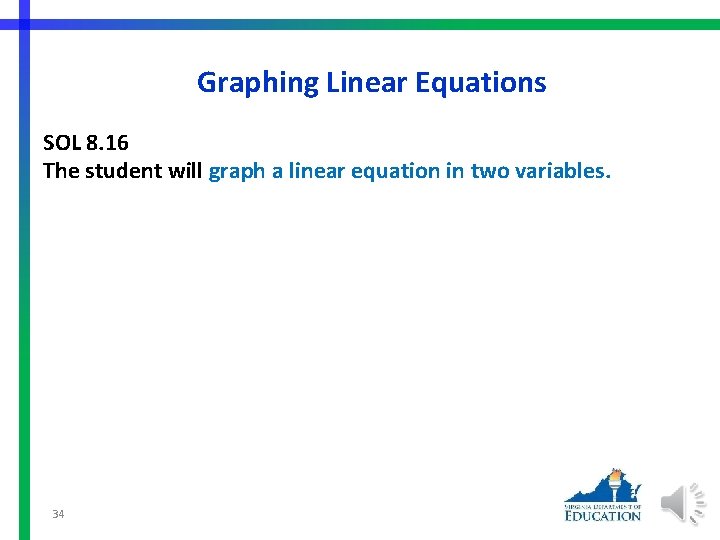 Graphing Linear Equations SOL 8. 16 The student will graph a linear equation in