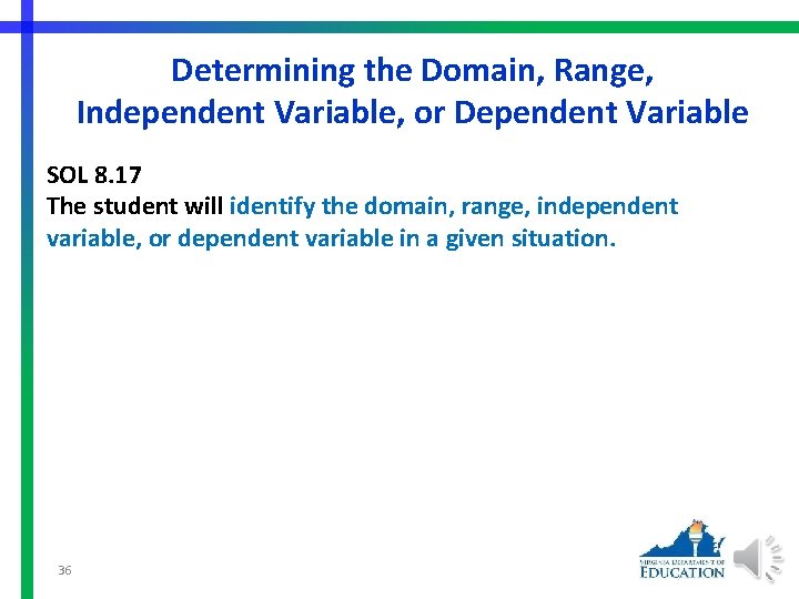 Determining the Domain, Range, Independent Variable, or Dependent Variable SOL 8. 17 The student