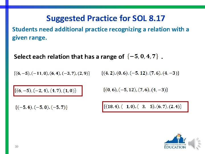 Suggested Practice for SOL 8. 17 Students need additional practice recognizing a relation with