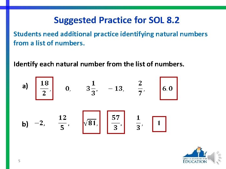 Suggested Practice for SOL 8. 2 Students need additional practice identifying natural numbers from