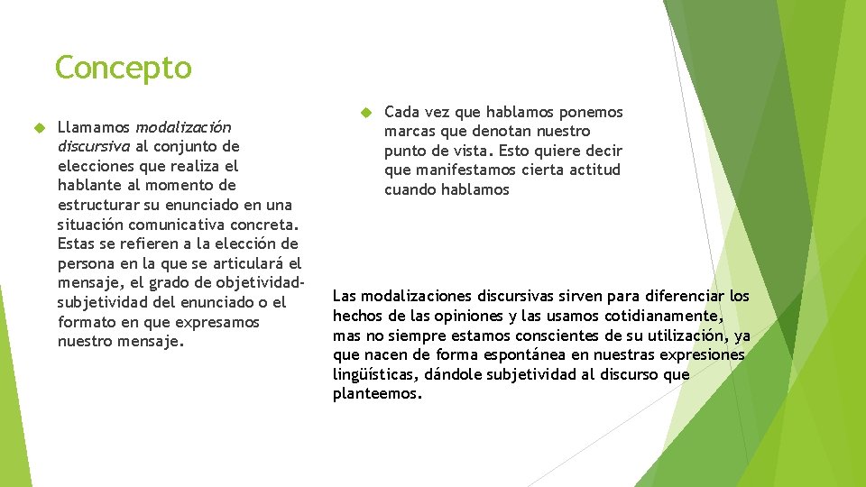 Concepto Llamamos modalización discursiva al conjunto de elecciones que realiza el hablante al momento