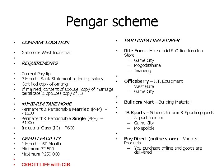 Pengar scheme • COMPANY LOCATION • PARTICIPATING STORES • • • Gaborone West Industrial Pengar scheme • COMPANY LOCATION • PARTICIPATING STORES • • • Gaborone West Industrial