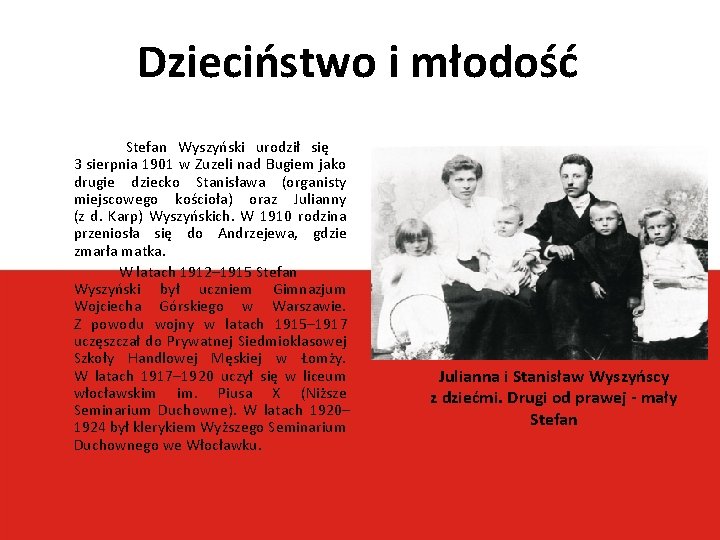 Dzieciństwo i młodość Stefan Wyszyński urodził się 3 sierpnia 1901 w Zuzeli nad Bugiem